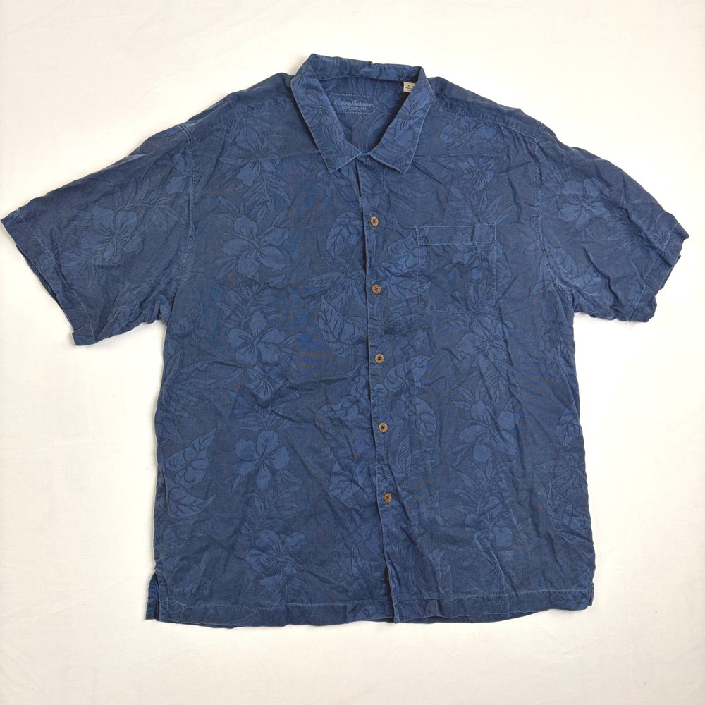 Tommy Bahama Men XL Silk Hawaiian Shirt Blue Floral Jacquard Short Sleeve Button